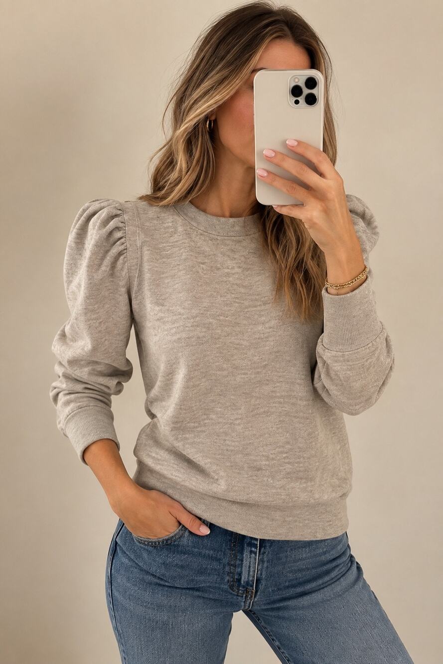 EVEREVE Women’s Small Heather Oatmeal Ruffle Shoulder Lightweight Crewneck NWOT